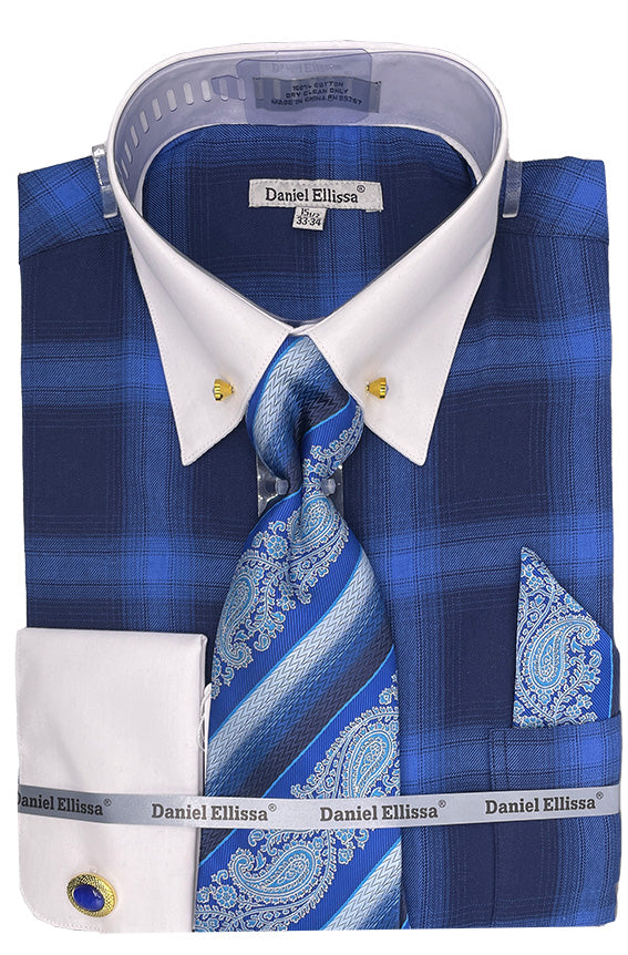 Men’s Flannel Plaid Pattern Contrast Collar Dress Shirt & Tie Set in Blue