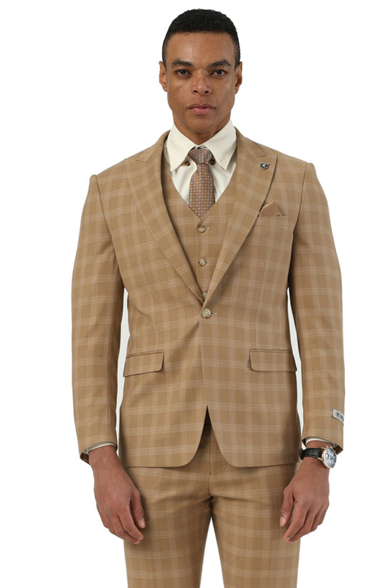 Men’s Stacy Adams One Button Vested Peak Lapel Suit in Taupe Plaid