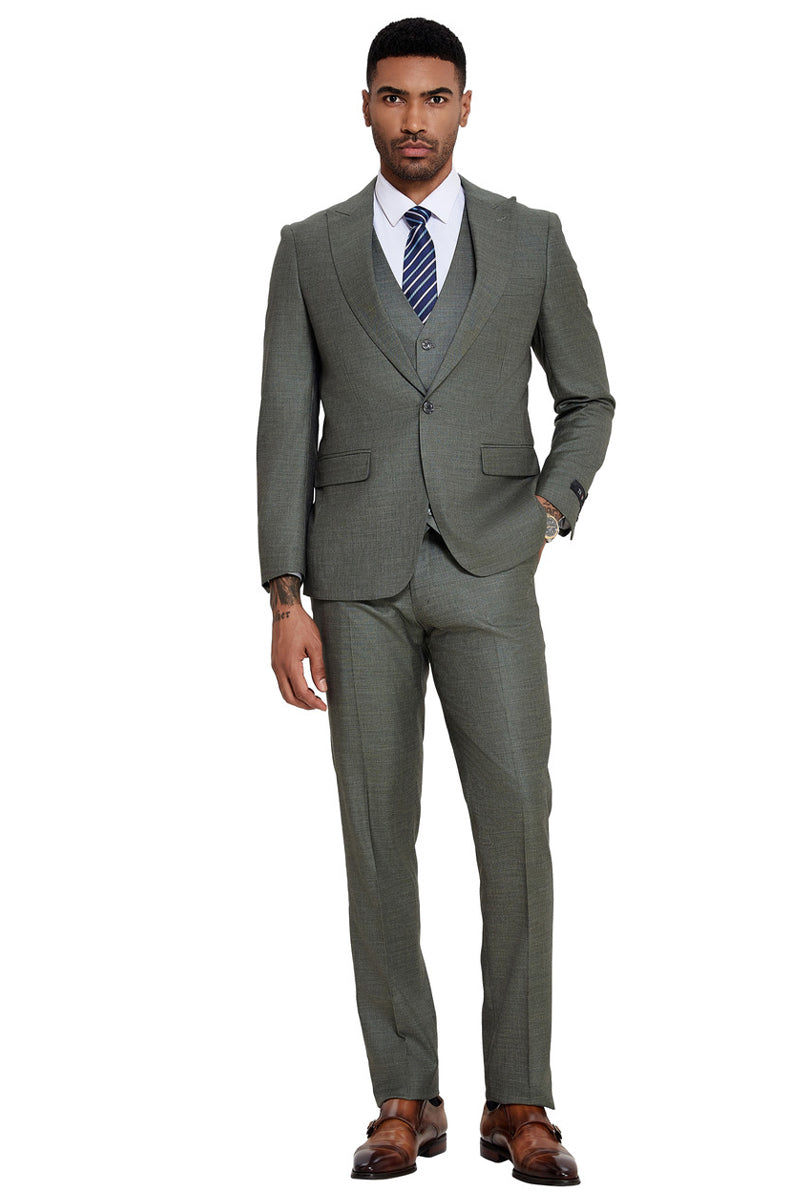 Men’s One Button Wide Peak Lapel Vested Slim Fit Suit in Sage Green