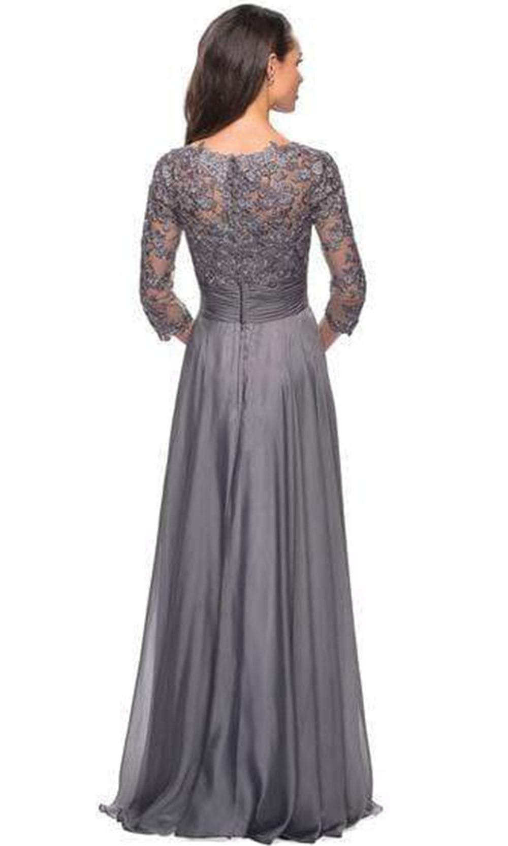 27153 Sheer Lace Quarter Sleeves Empire Waist Chiffon Gown