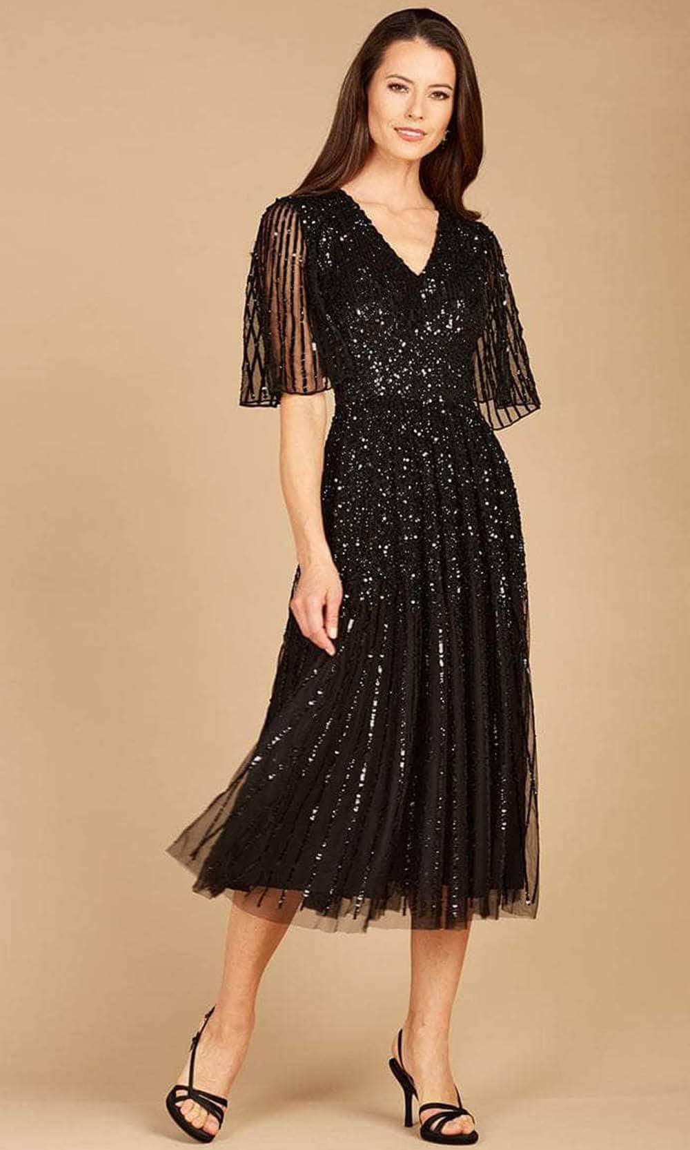 Beaded Short Sleeve Tea Length Dress