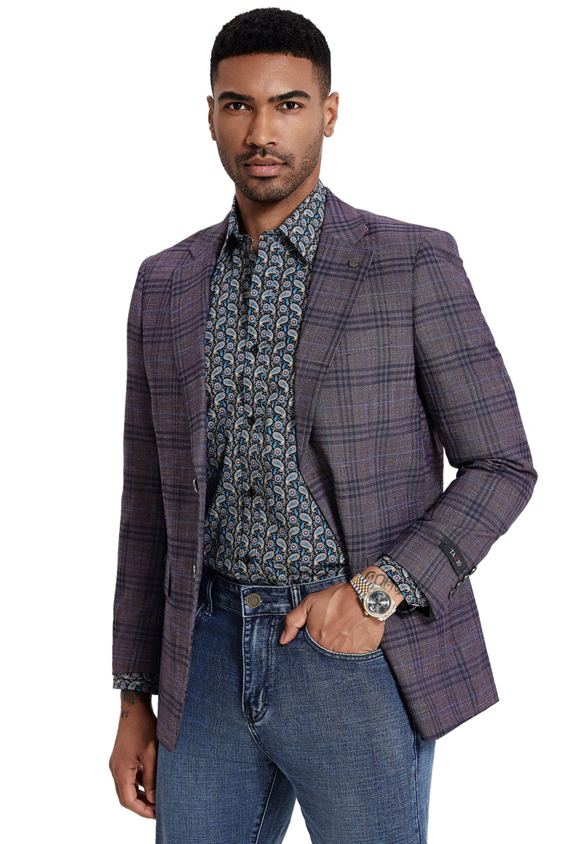 Men’s Two Button Modern Fit Business Sport Coat in Grey Plaid