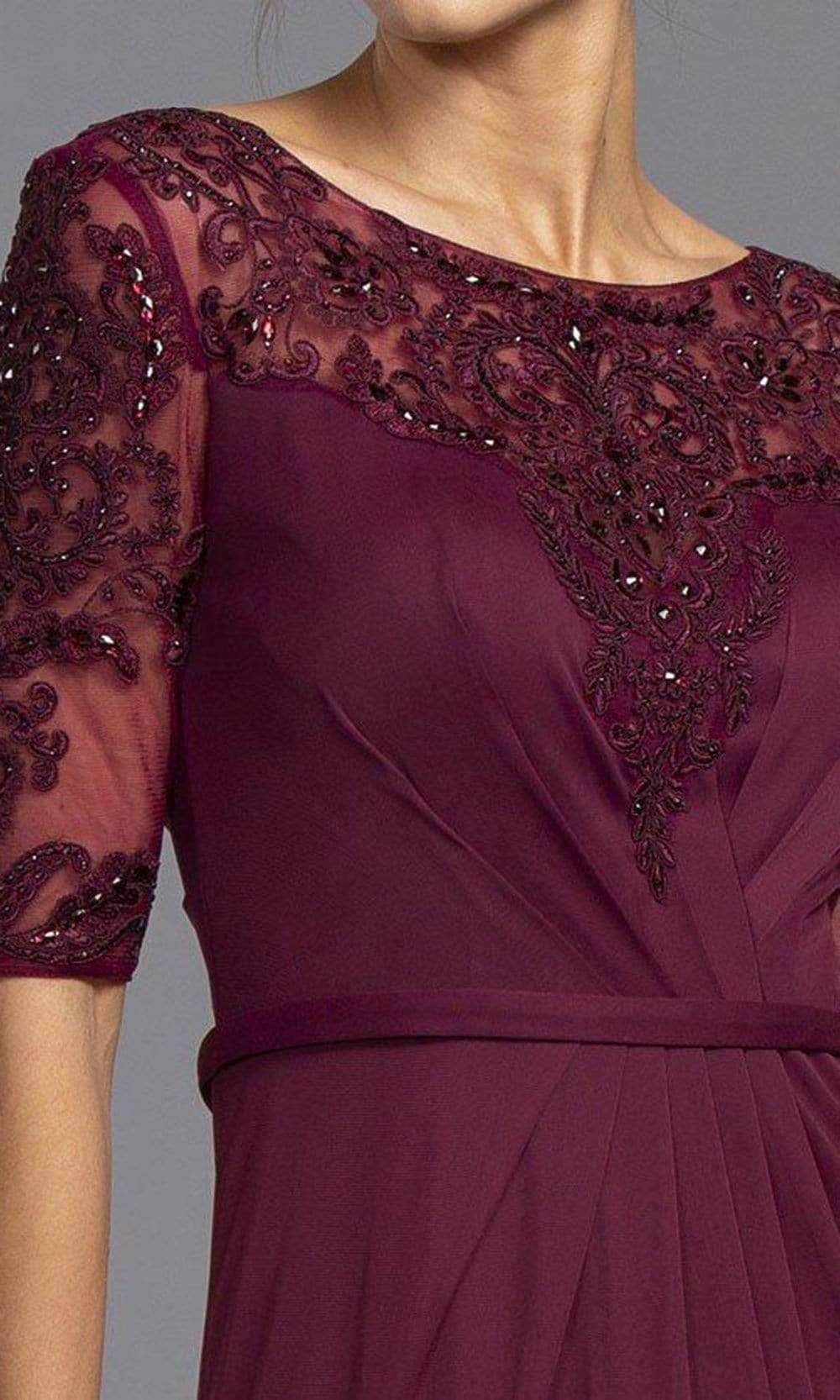 M2322 Sheer Sleeve Embroidered Sheath Dress