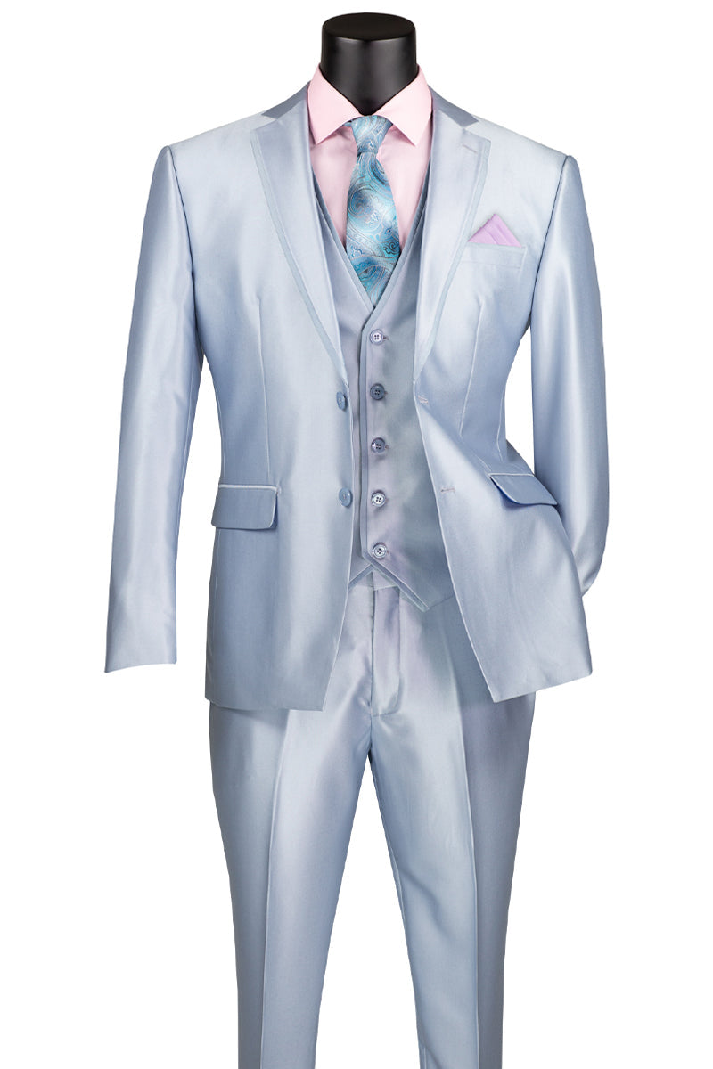 Men’s Vested Slim Fit Shiny Sharkskin Wedding & Prom Tuxedo Suit in Light Blue