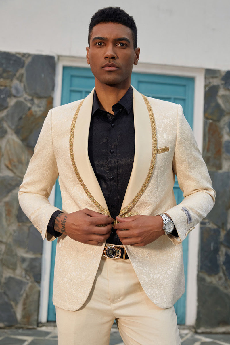 Men’s Stacy Adams Paisley Wedding Tuxedo Jacket in Ivory & Gold