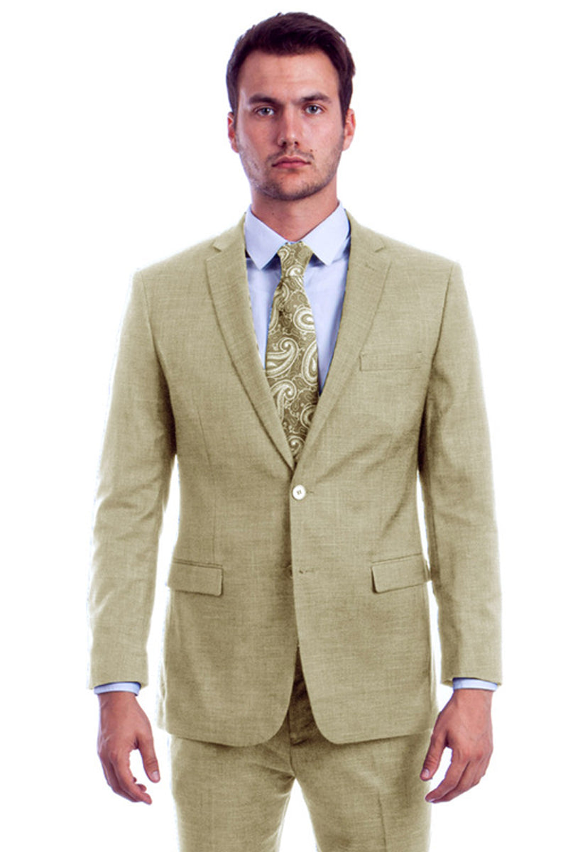 Men’s Two Button Modern Fit Linen Look Summer Suit in Light Beige