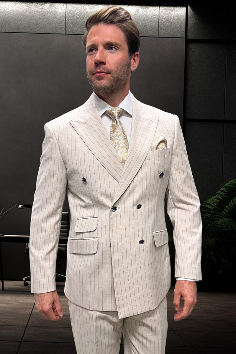 Men’s Designer Double Breasted Summer Wool Suit in Tan Pinstripe