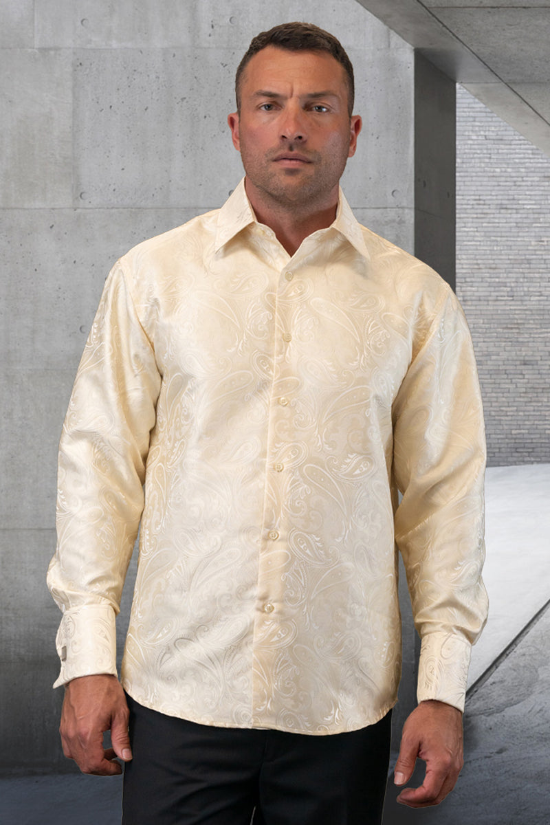 Men’s Fancy Long Sleeve Woven Paisley Dress Shirt in Ivory Off White