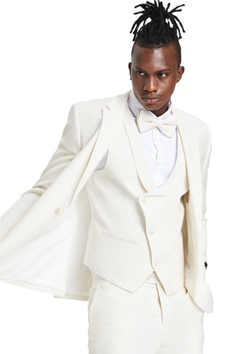 Men’s One Button Double Brested Vest Notch Lapel Prom & Wedding Suit in Champagne Tan Polka Dot