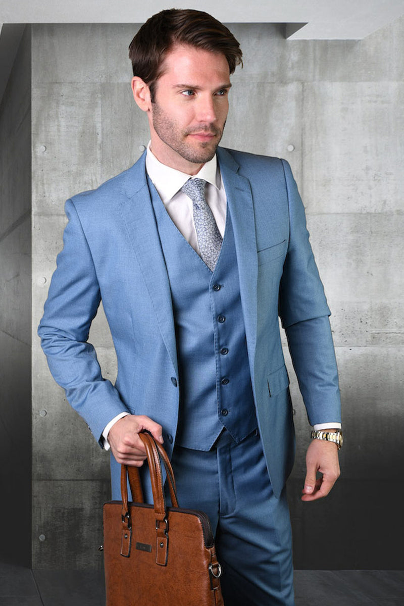 Men’s Designer Vested Modern Fit Wool Wedding & Business Suit in Steel Blue
