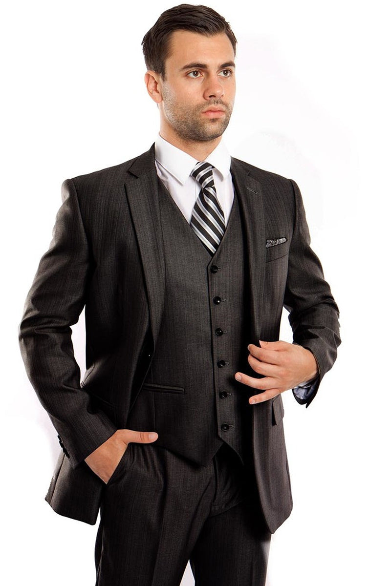 Men’s Two Button Vested Textured Sharkskin Business Suit in Steel Navy
