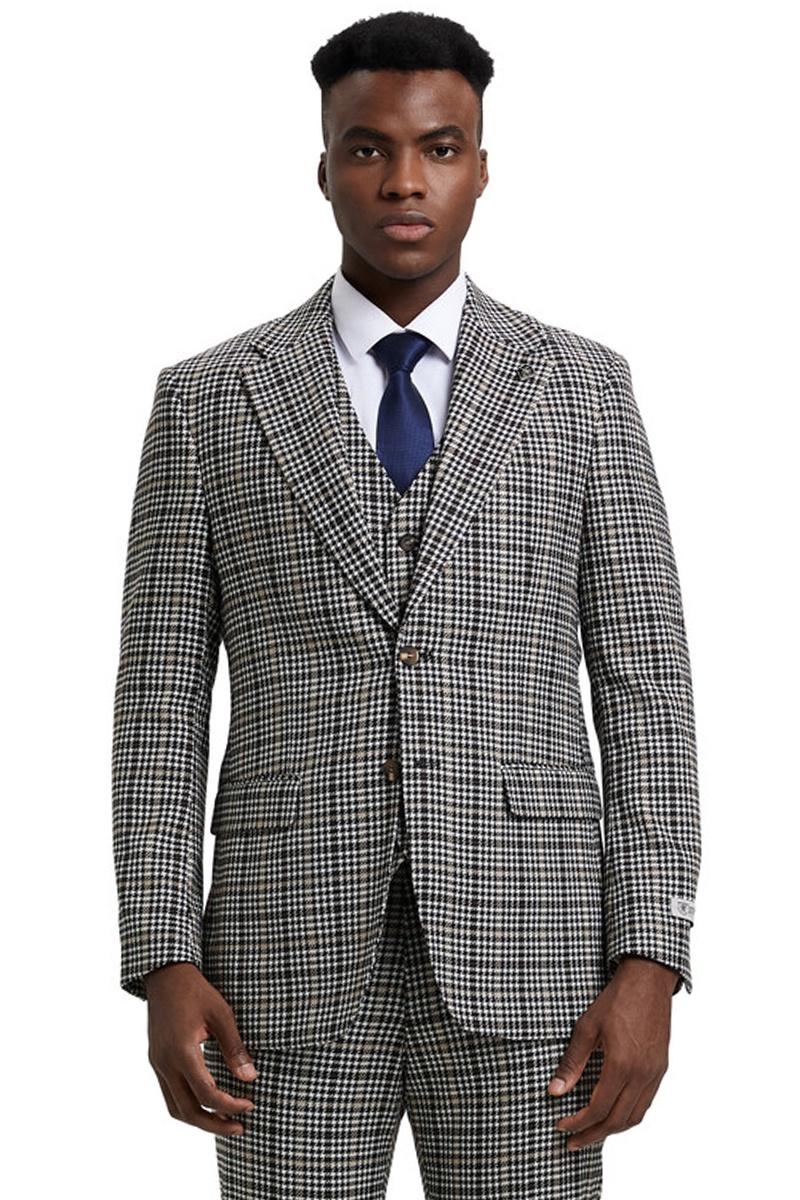 Men’s Stacy Adams Vested Modern Fit Houndstooth Glen Plaid Suit in Grey & Green