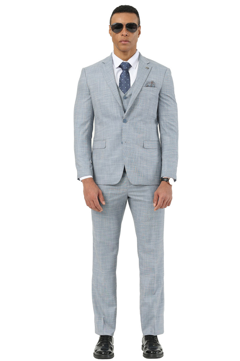 Men’s Designer Stacy Adams Vested Suit in Light Grey Sharkskin Weave