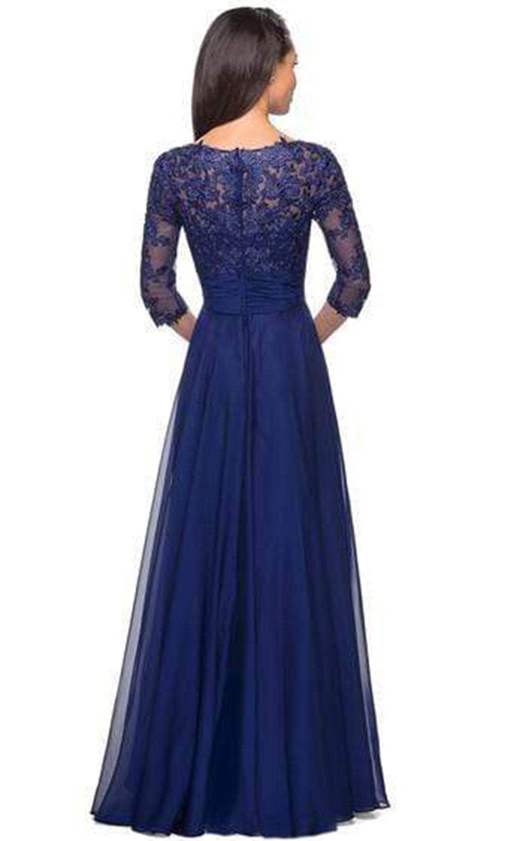 27153 Sheer Lace Quarter Sleeves Empire Waist Chiffon Gown