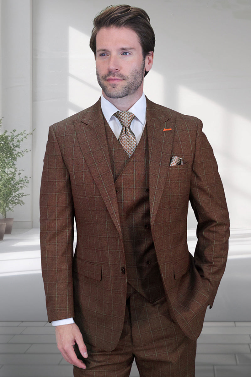 Men’s Designer Vested One Button Peak Lapel Wool Suit in Copper Windowpane Plaid