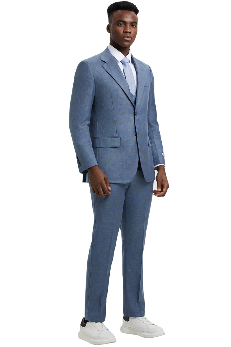 Men’s Two Button Vested Stacy Adams Designer Sharkskin Suit in Steel Light Blue