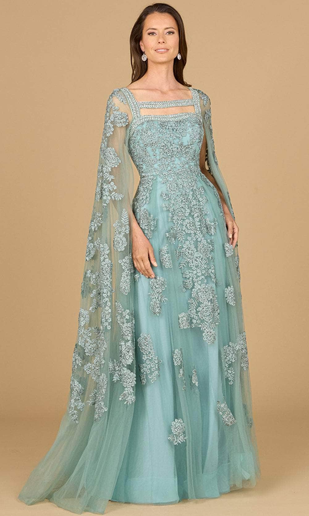 Cape Sleeve Embroidered Evening Gown