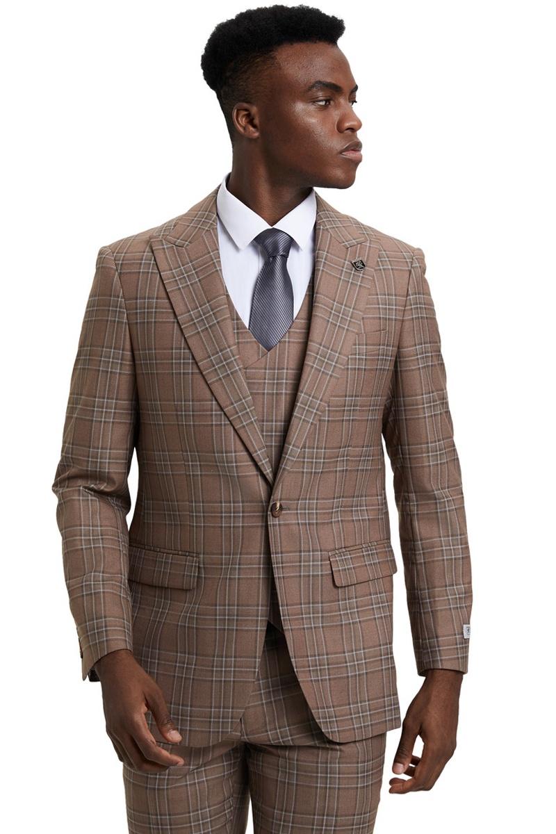 Men’s Stacy Adams One Button Peak Lapel Double Breasted Vest Suit in Light Brown Plaid