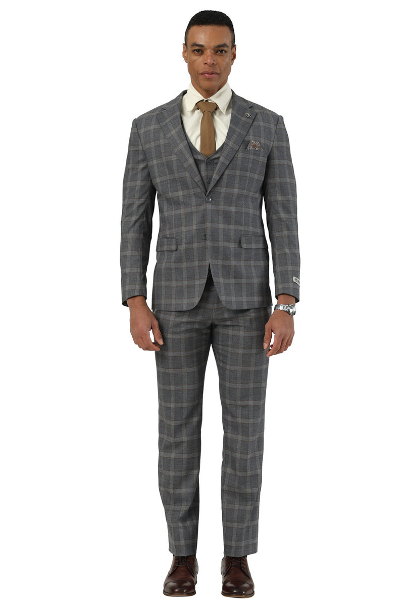 Men’s Designer Stacy Adams Vested Glen Plaid Suit in Charcoal & Brown