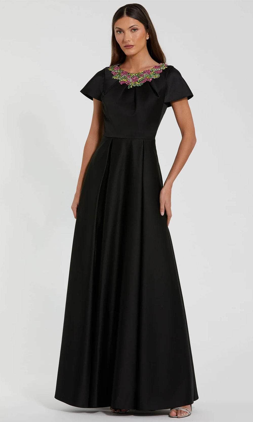 Short Flutter Sleeve Satin Long Dress