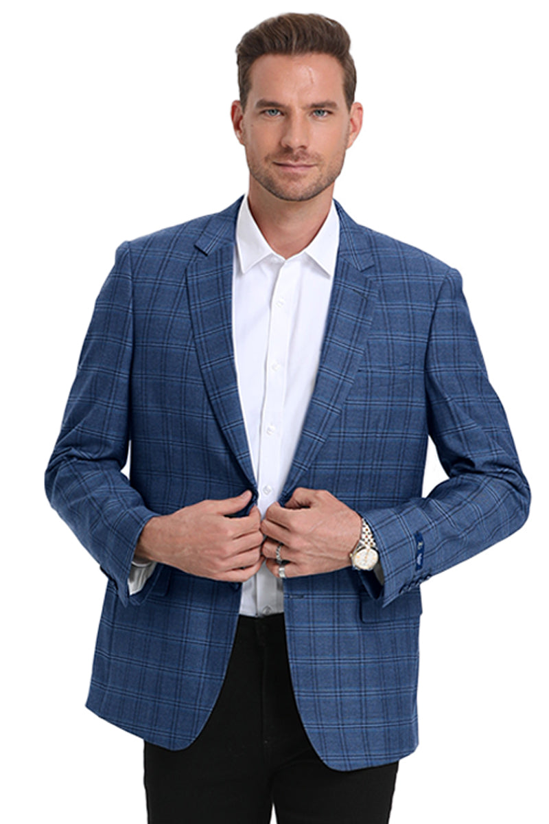 Men’s Slim Fit Business Casual Teal Blue Plaid Sport Coat