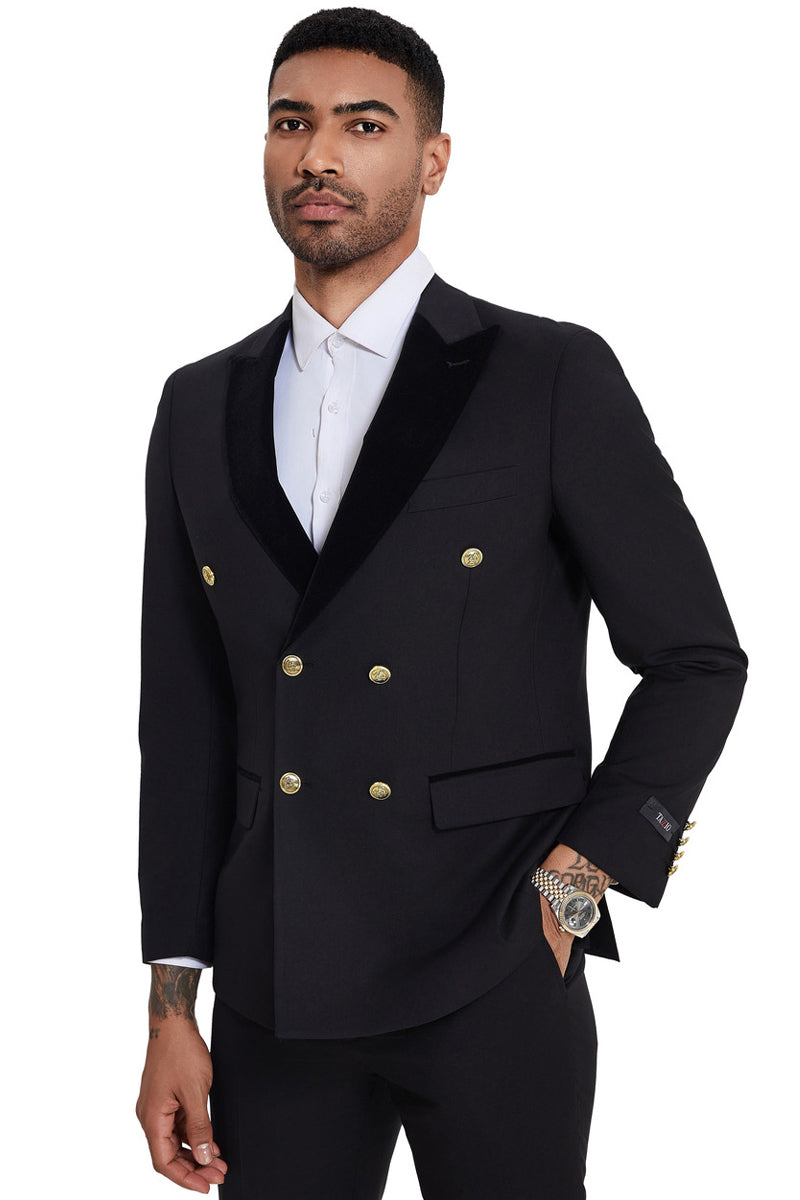 Men’s Double Breasted Wedding Suit with Velvet Peak Lapel and Gold Buttons in Black