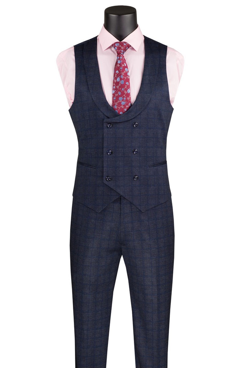 Men’s Two Button Vintage Style Slim Fit Vested Plaid Suit in Navy Blue