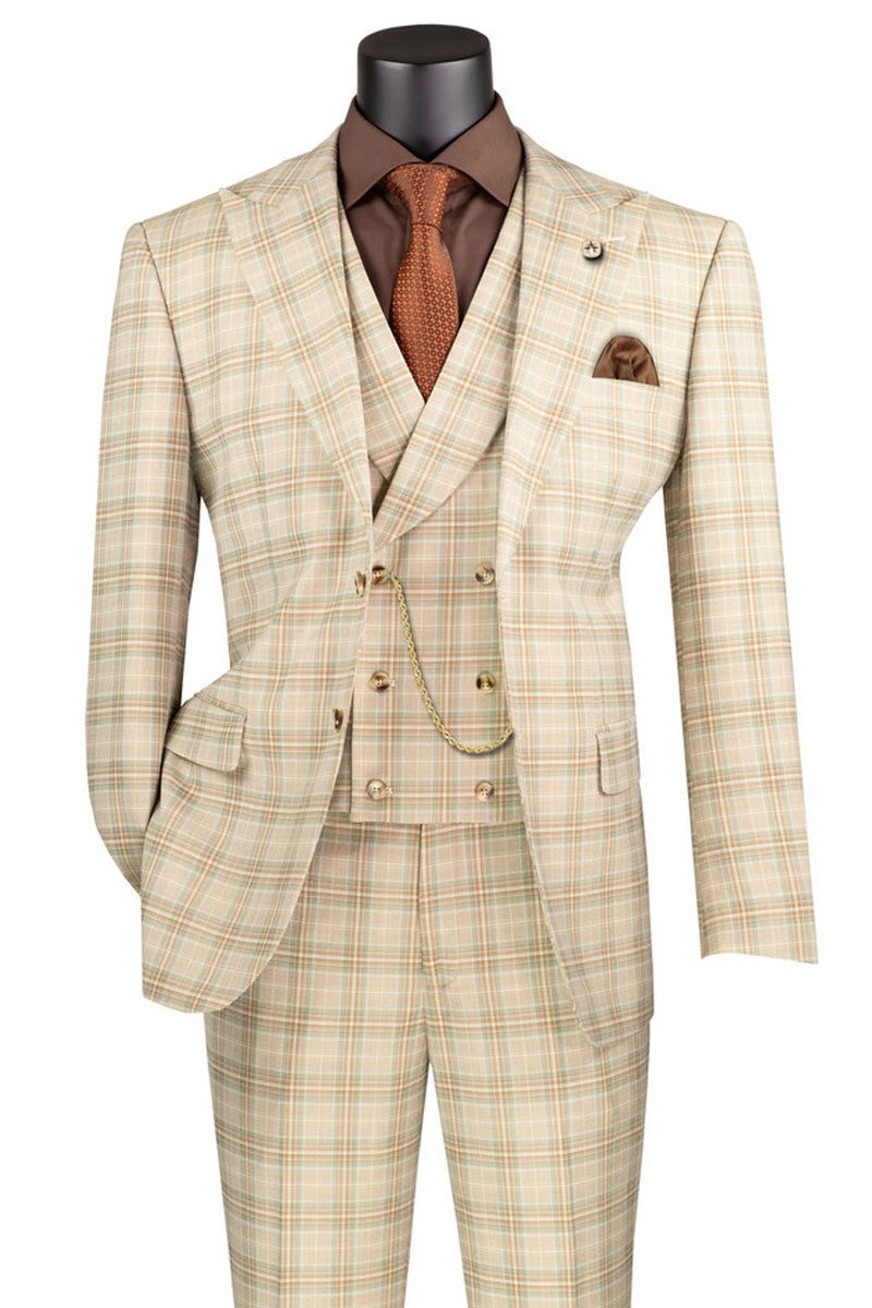 Men’s Summer Windowpane Plaid Suit with Double Breasted Vest in Khaki Tan