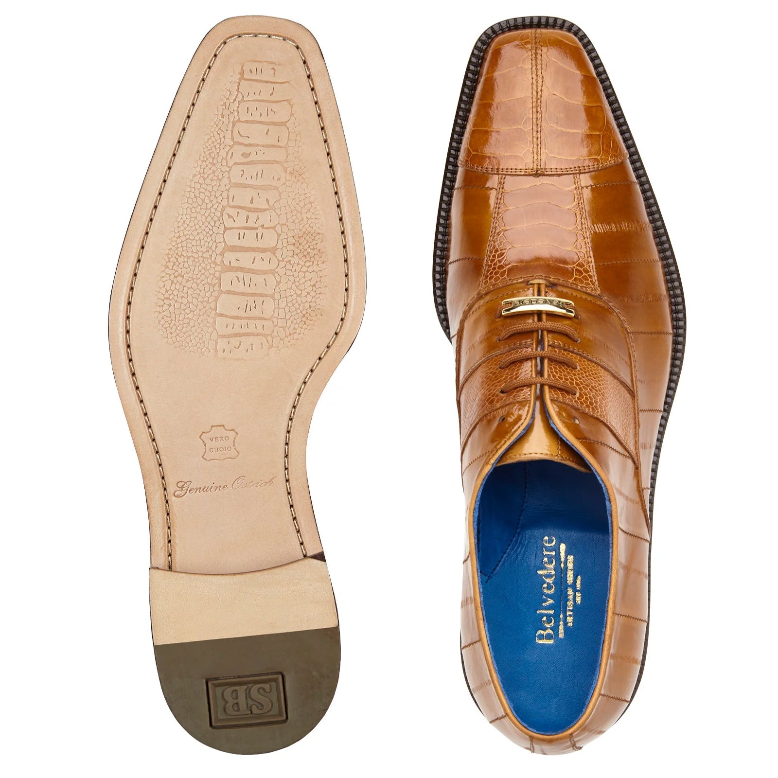 Men’s Belvedere Mare Ostrich Leg & Eel Skin Dress Shoe in Camel