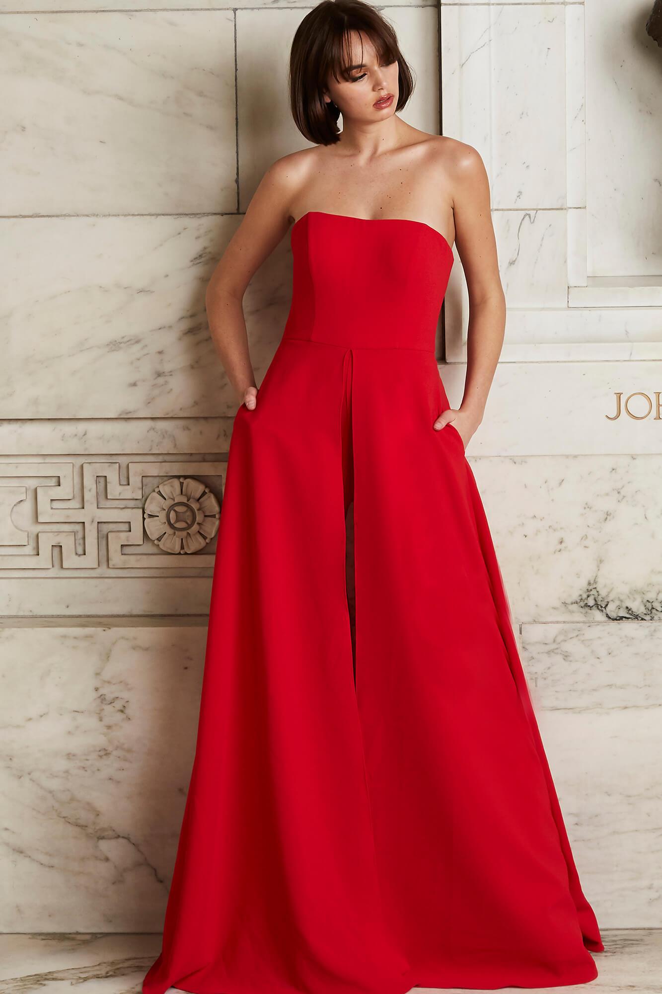 03529 Strapless Wide Leg Formal Evening Jumpsuit With Overlay