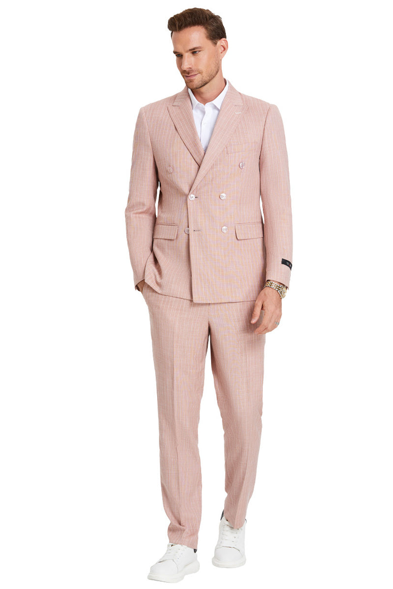 Men’s Slim Fit Double Breasted Summer Pastel Suit in Rose Pink Pinstripe