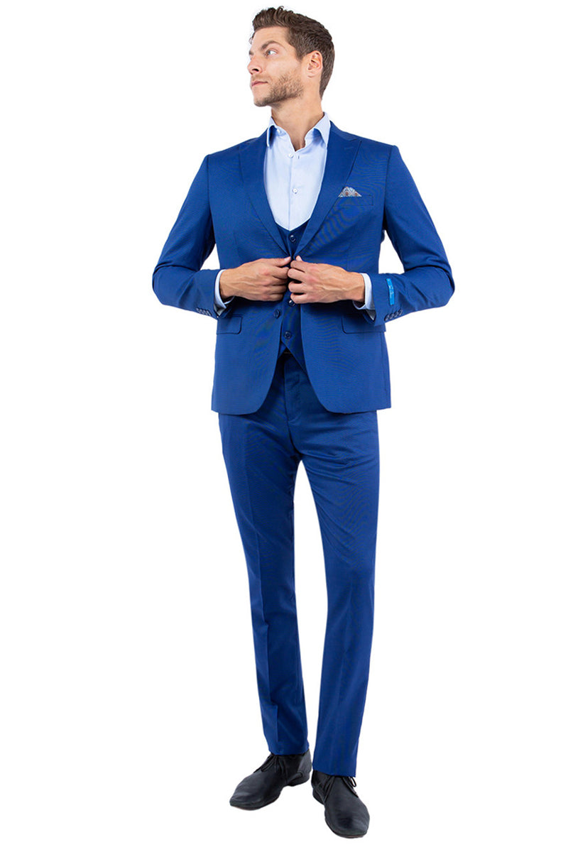Men’s Two Button Vested Slim Fit Peak Lapel Suit in Blue Nailhead