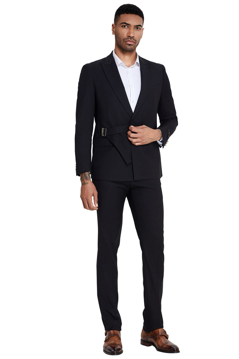 Men’s French Front Peak Lapel Strapped Slim Fit Suit in Black