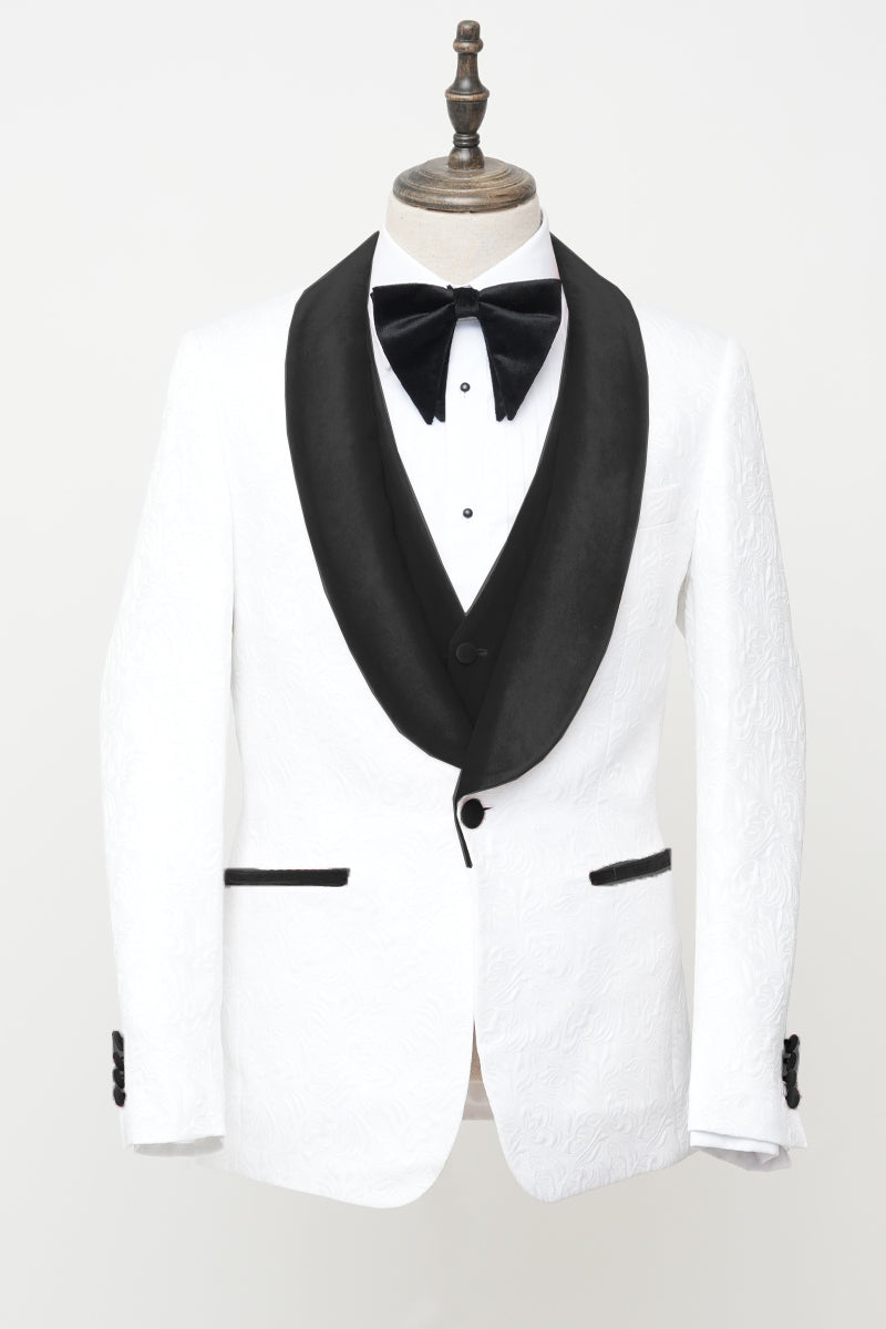 Men’s Vested White Paisley Wedding & Prom Tuxedo with Black Velvet Lapel