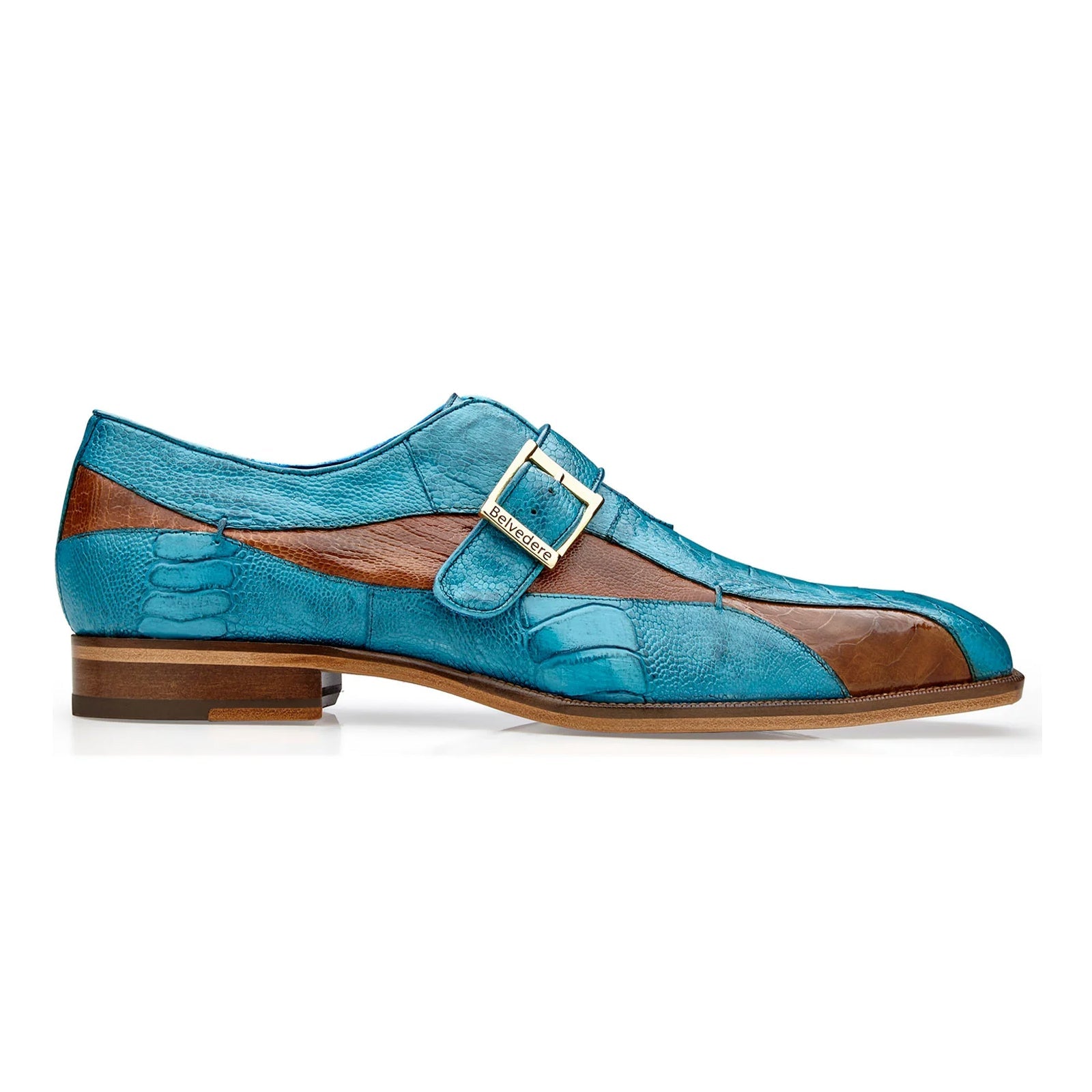 Men’s Belvedere Marte Ostrich Leg Monk Strap Dress Shoe in Ocean Blue & Brandy