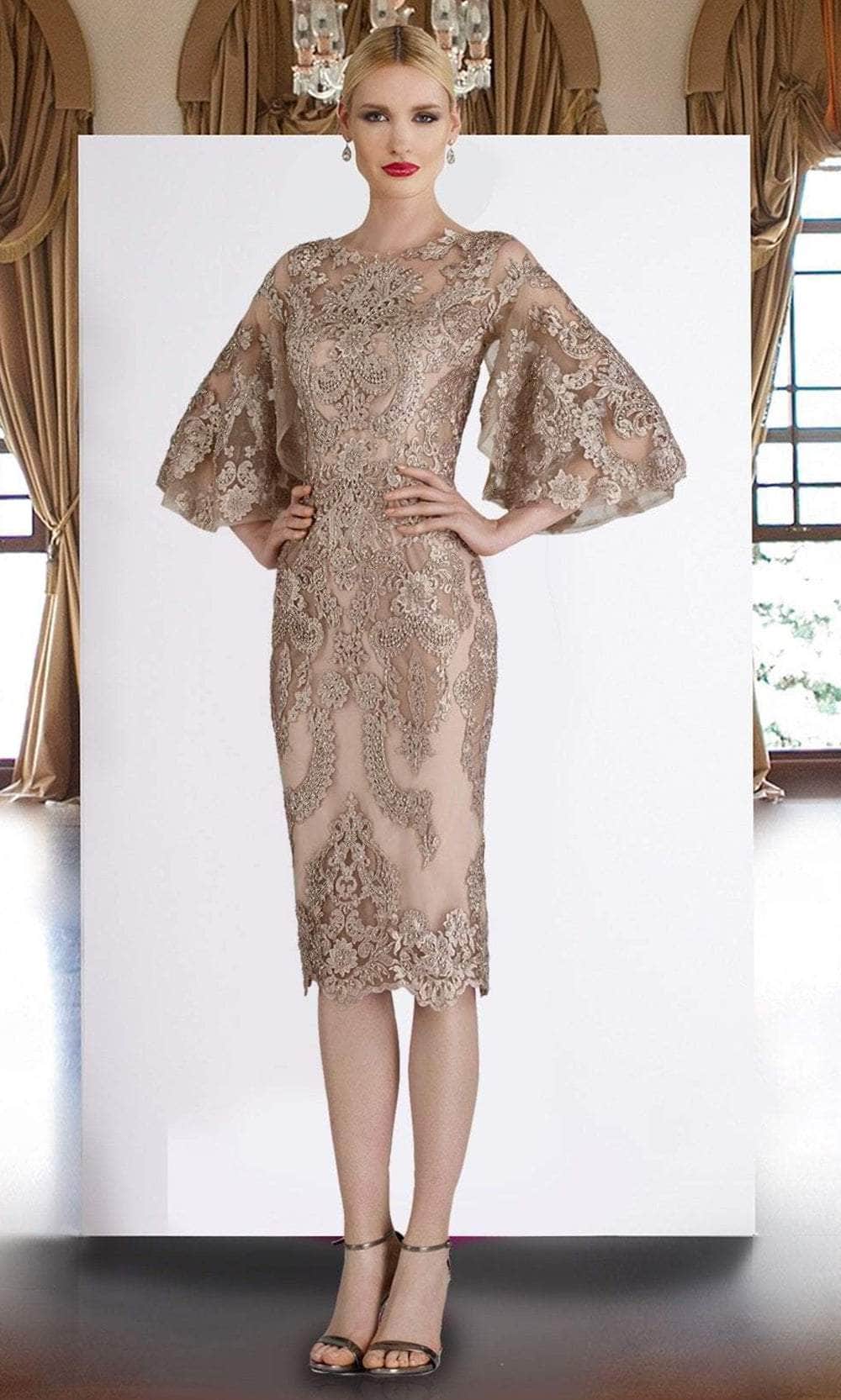 W2068 Quarter Tulip Sleeves Lace Appliqued Sheath Dress