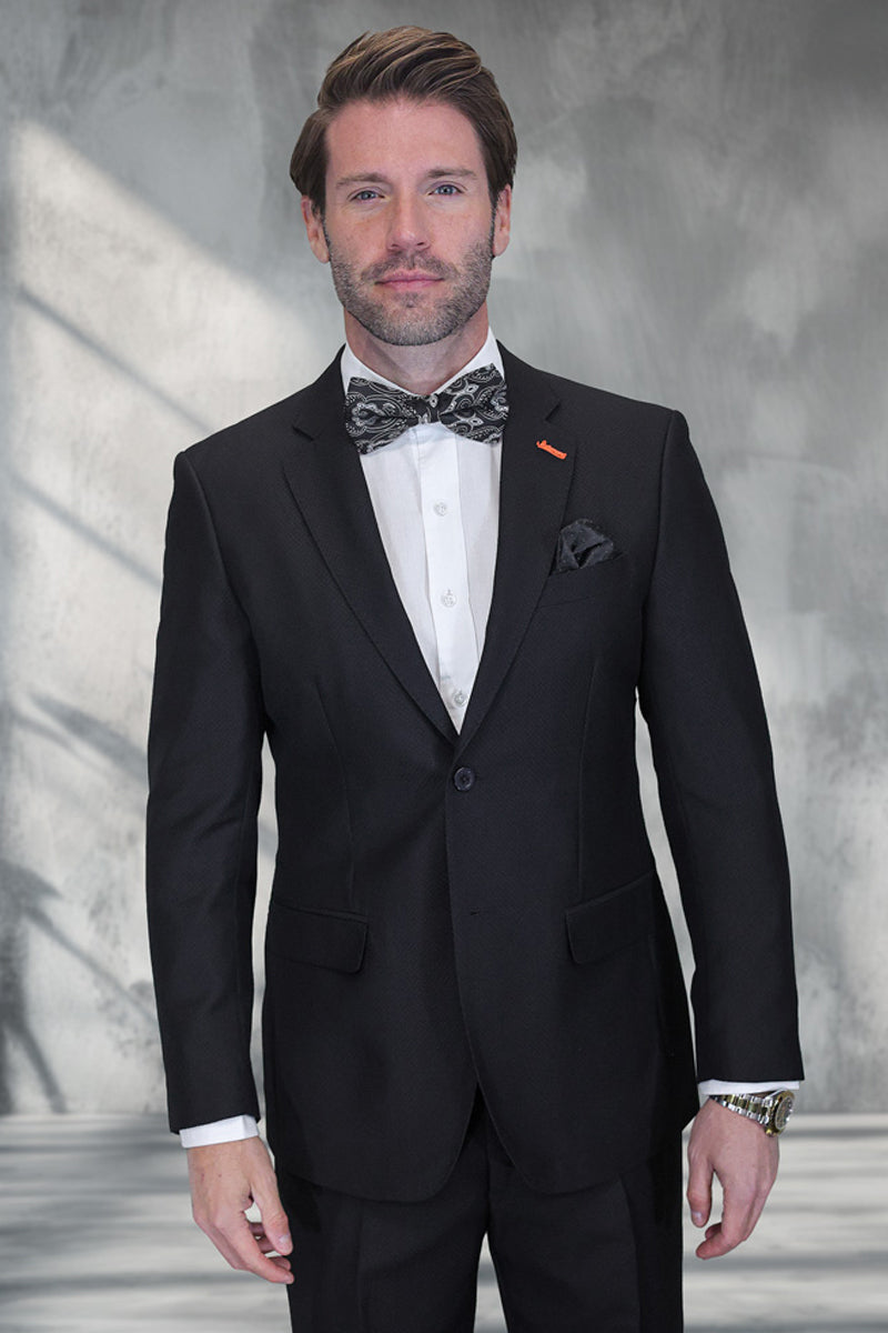 Men’s Designer Modern Fit Super 200’s Textured Wool Suit in Black