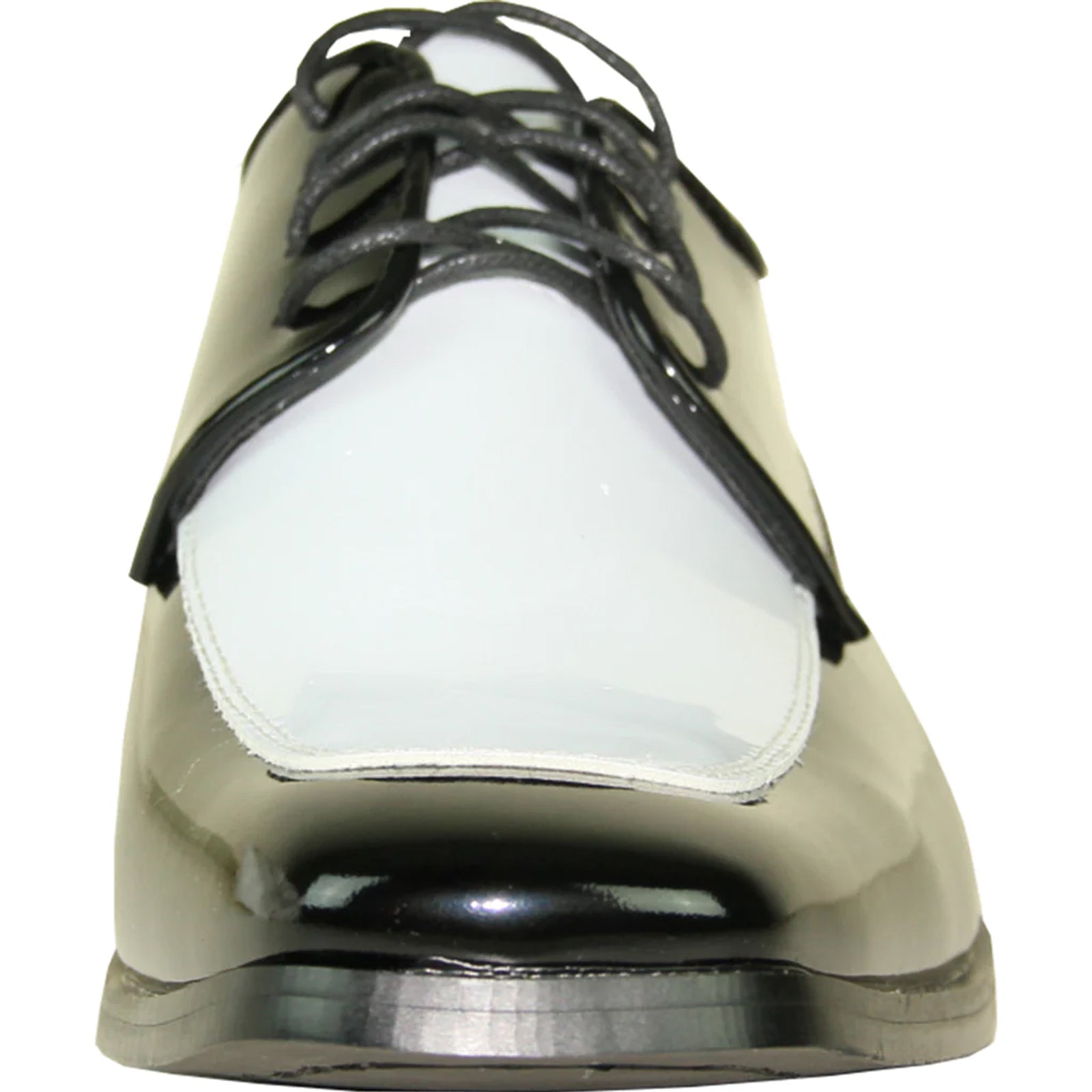 Mens Classic Moc Toe Shiny Patent Tuxedo Prom Shoe in Black & White