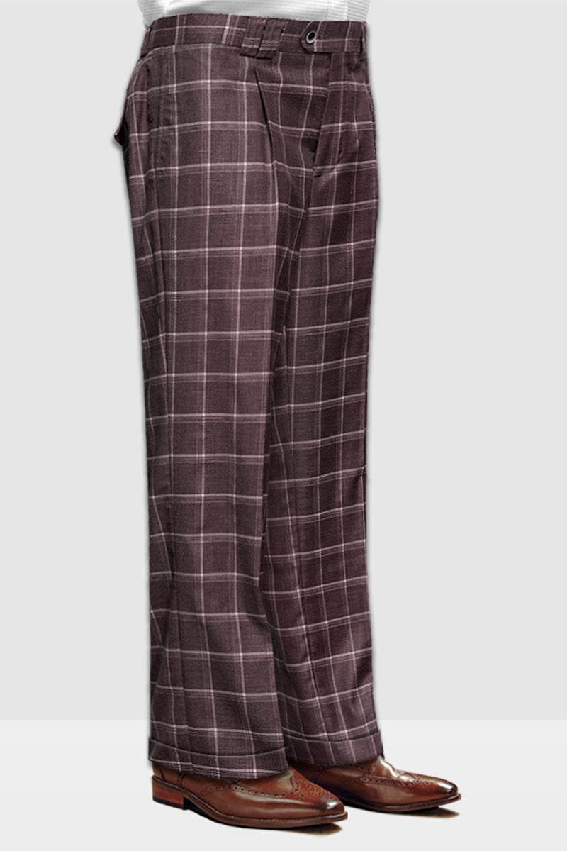 Men’s Designer Wool Pleated Wide Leg Dress Pants in Brown Windowpane Plaid