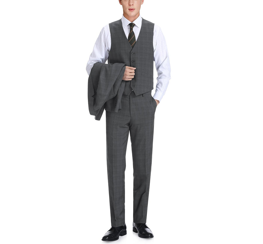 Mens Two Button Classic Fit Vested Suit in Charcoal Grey Windowpane Plaid