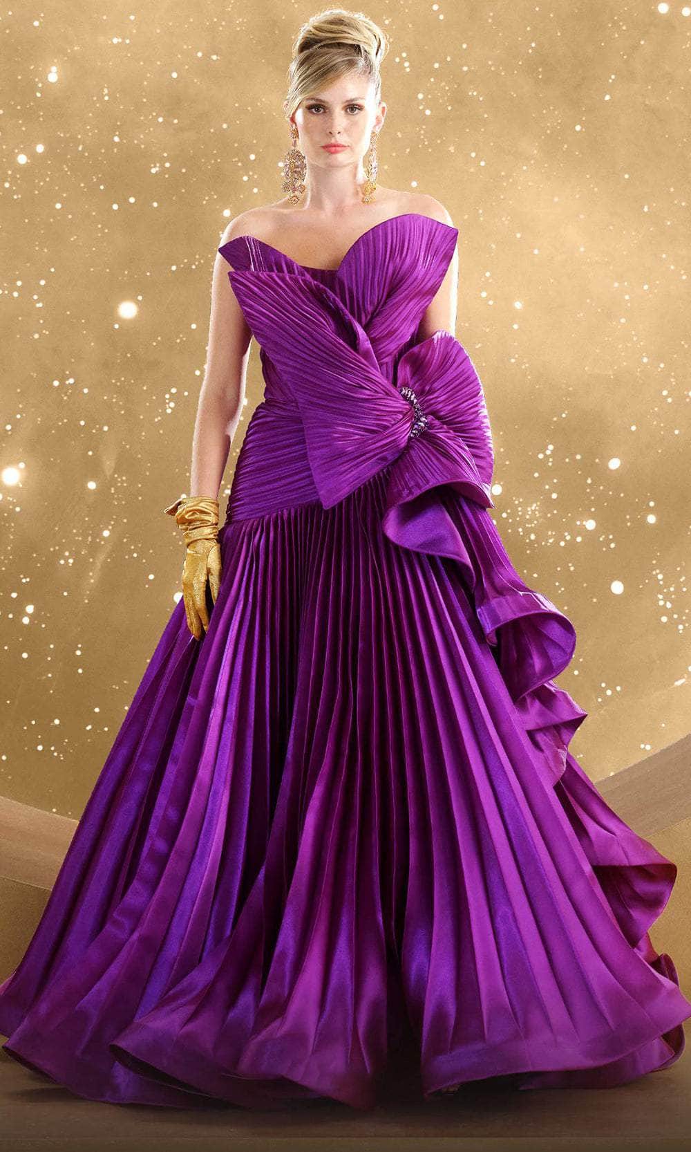 Pleated Ribbon Evening Gown