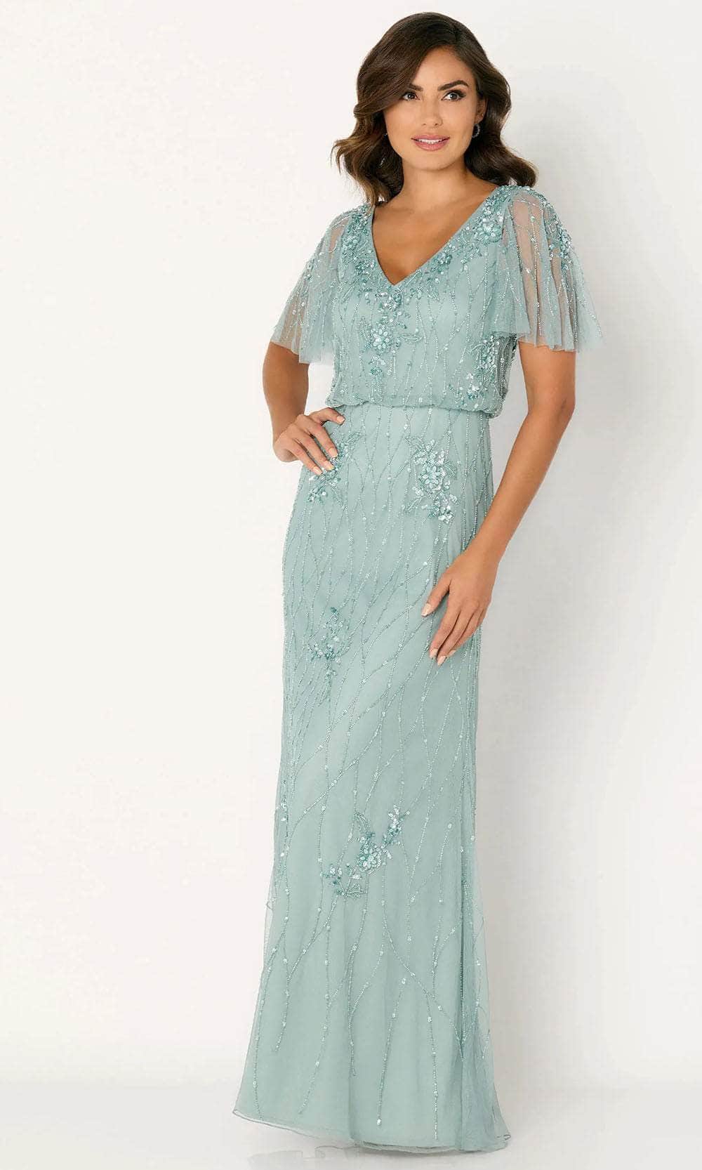 Flutter Sleeve Embroidered Evening Dress