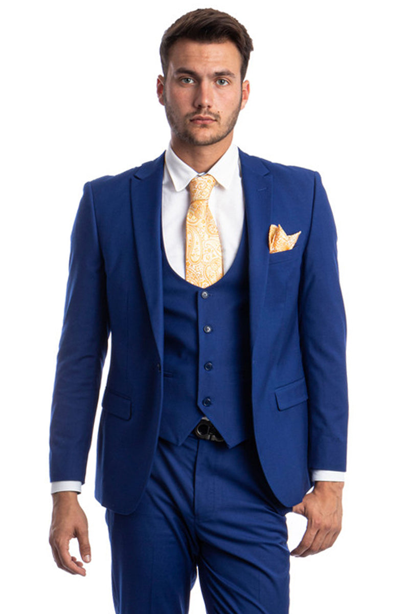 Men’s One Button Peak Lapel Skinny Wedding & Prom Suit with Lowcut Vest in Indigo Blue
