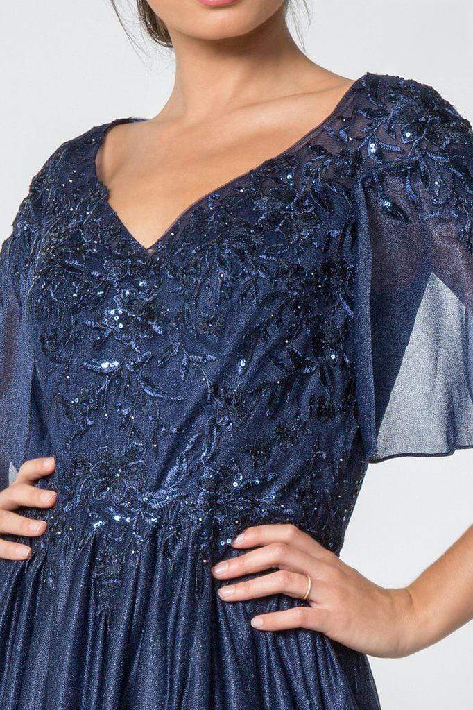 GL2830 Sheer Cape Sleeve Appliqued Chiffon Dress