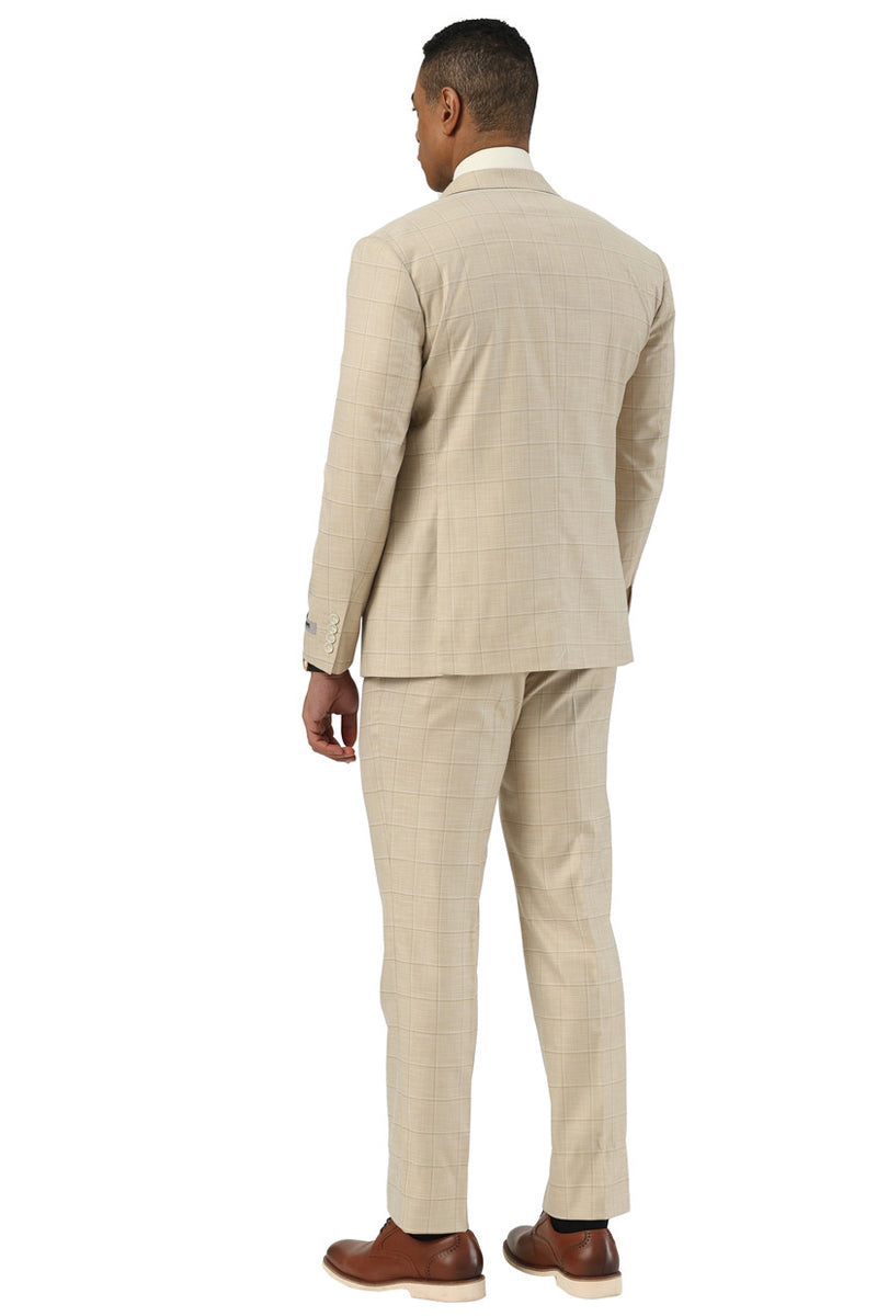 Men’s Stacy Adams Double Breasted Summer Suit in Beige Windowpane Plaid