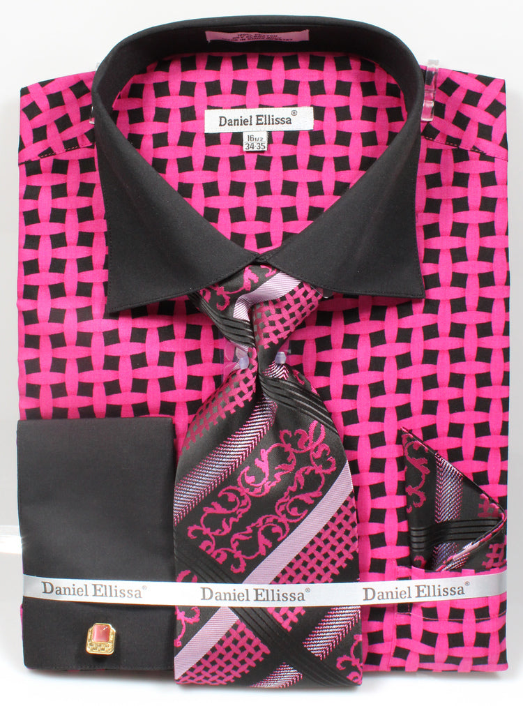 Men’s Contrast Collar French Cuff Lattice Pattern Dress Shirt & Tie Set in Black & Fuchsia