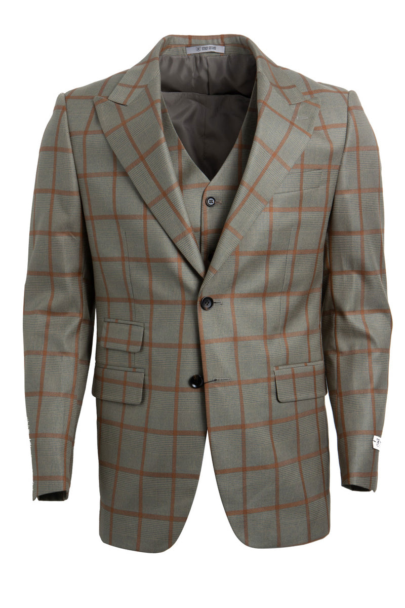 Men’s Stacy Adams One Button Peak Lapel Vested Suit in Tan & Gold Windowpane Plaid