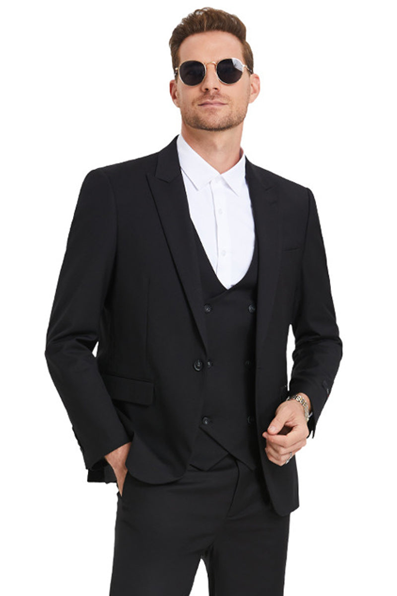 Men’s Slim Fit One Button Peak Lapel Low Cut Double Breasted Vest Wedding Suit in Black