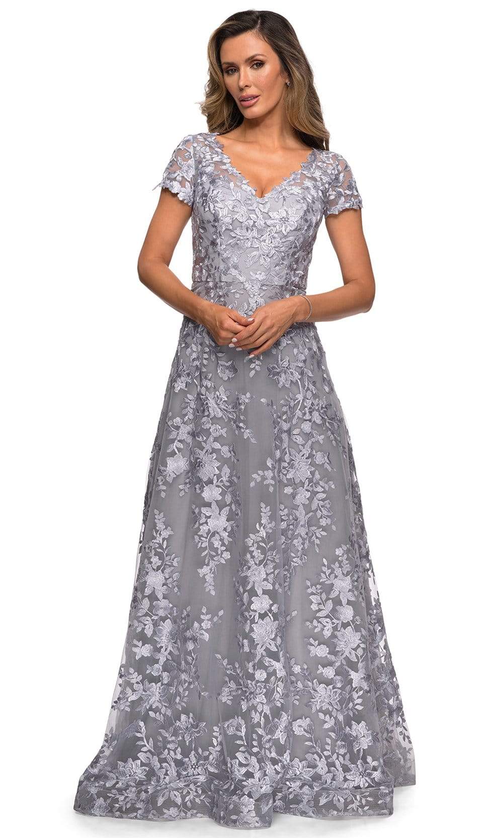 27870 Short Sleeve Lace Overlaid A-Line Dress
