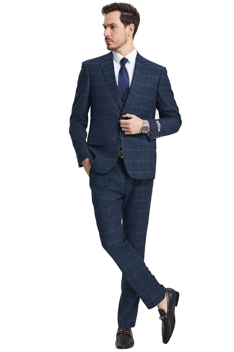 Men’s Stacy Adams Vested Modern Fit Windowpane Plaid Suit in Navy Blue